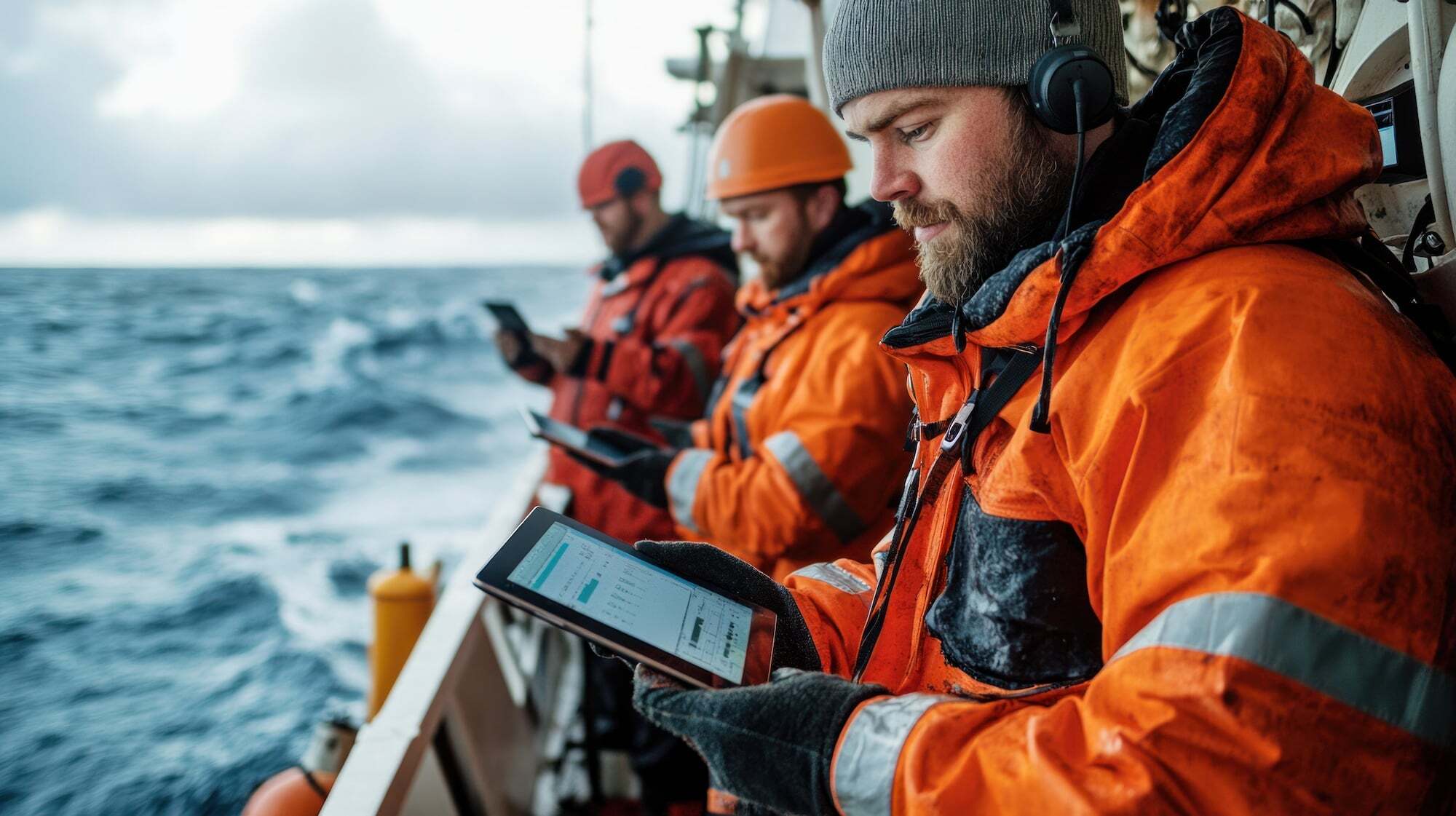 Technology professionals using digital tools in a challenging offshore environment